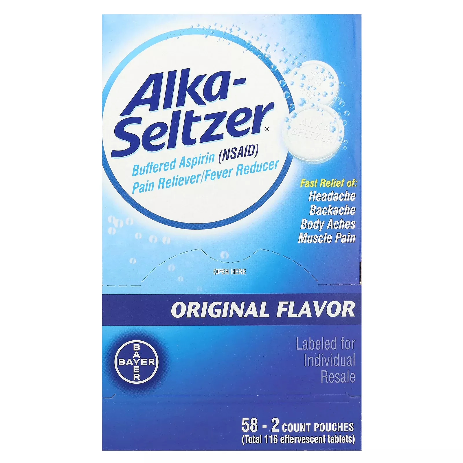 Alka-Seltzer Buffered Aspirin (NSAID) Pain Reliever/Fever Reducer Original 325 mg 58 Pouches | Vitacost
