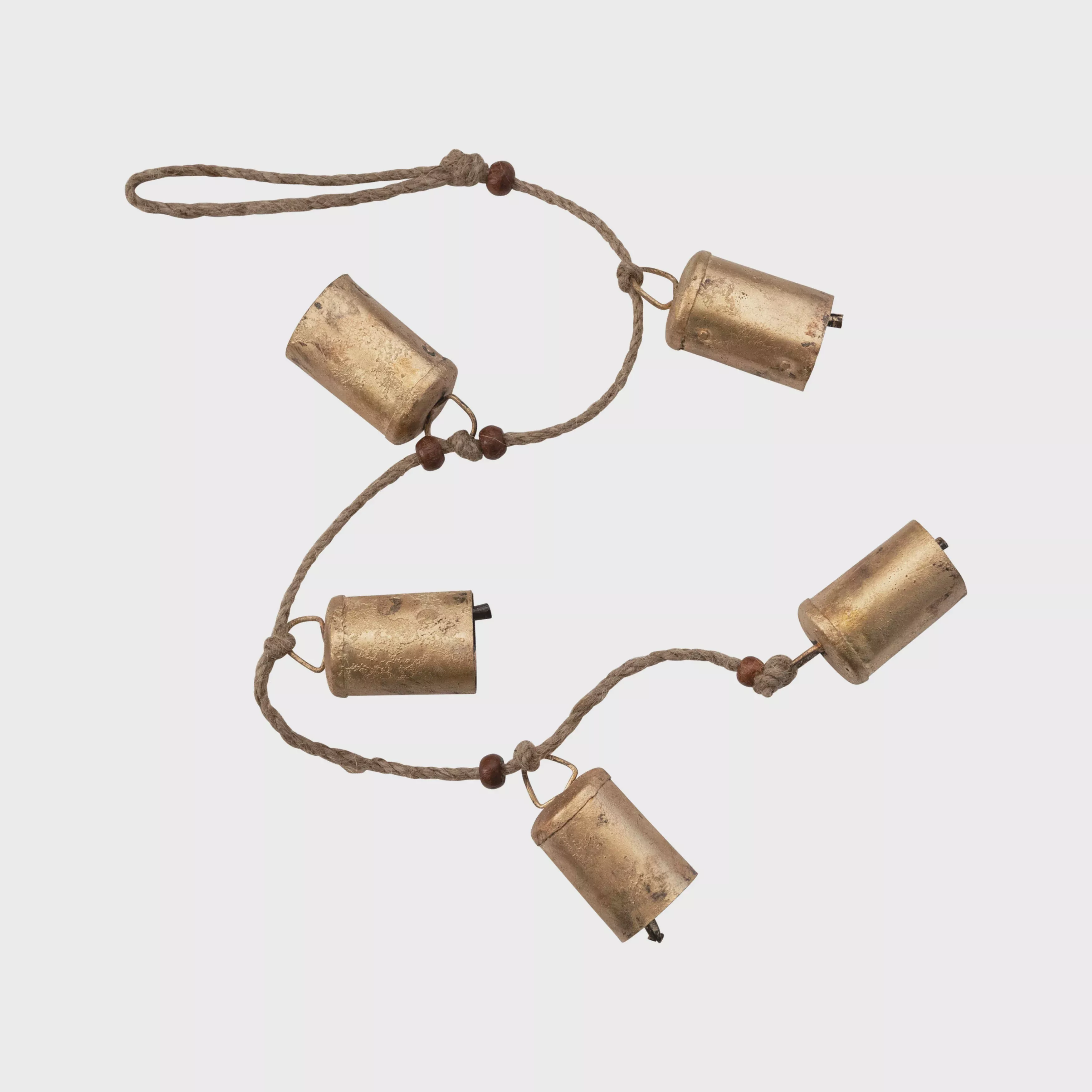 Hanging Metal Bells, Wood Beads, Jute Rope
