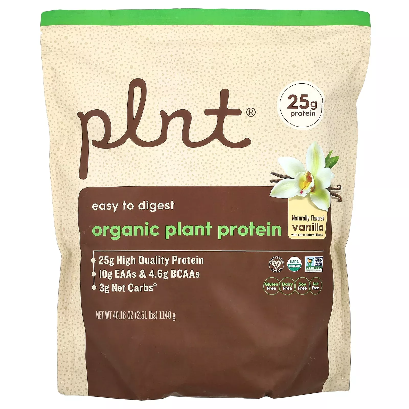 Plnt, Organic Plant Protein, Vanilla, 2.51 lbs (1,140 g)